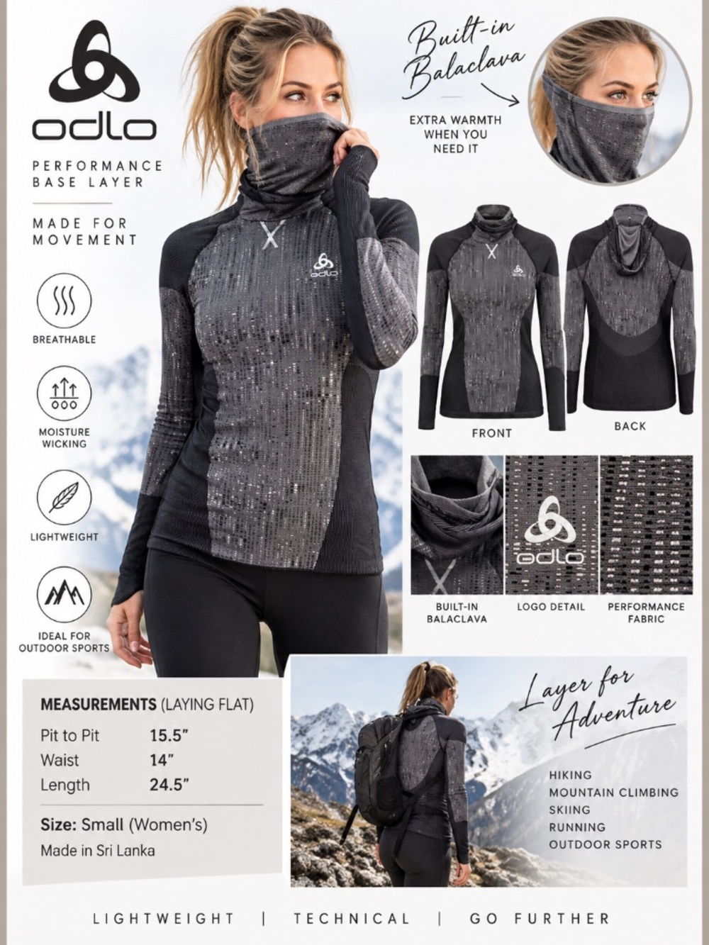 Odlo Women’s Performance Base Layer with Built-In Balaclava – Size Small